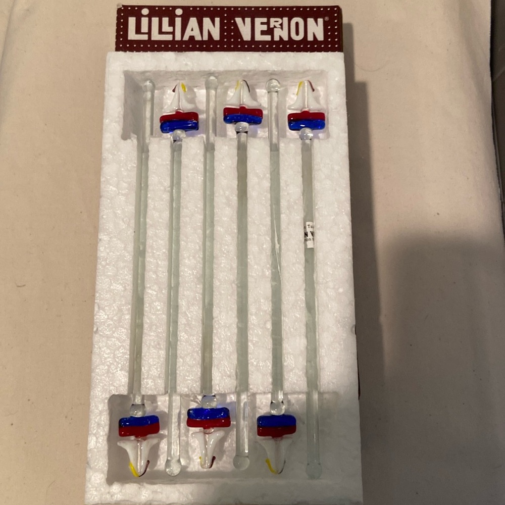 ❤️Set of 6 Vintage Glass swizzle Cocktails Sticks Sail Boat 8”
